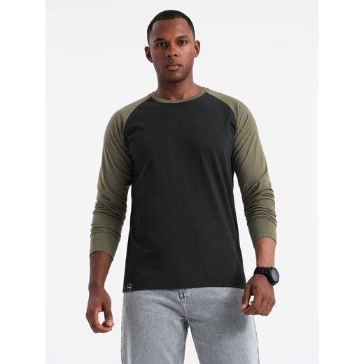Męski longsleeve z raglanowymi kontrastowymi rękawami – czarno-oliwkowy V3 OM-LSCL-0105 ze sklepu ombre w kategorii T-shirty męskie - zdjęcie 177659131