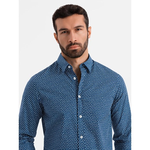 Męska koszula w drobny wzór SLIM FIT - granatowa V1 OM-SHCS-0140 ze sklepu ombre w kategorii Koszule męskie - zdjęcie 177659143