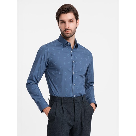 Klasyczna męska bawełniana koszula SLIM FIT w palmy - ciemnoniebieska V5 OM-SHCS-0156 ze sklepu ombre w kategorii Koszule męskie - zdjęcie 177659172