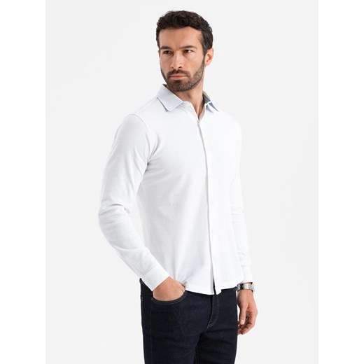 Dzianinowa koszula męska SLIM FIT z długim rękawem – biała V1 OM-SHCS-0177 ze sklepu ombre w kategorii Koszule męskie - zdjęcie 177659190