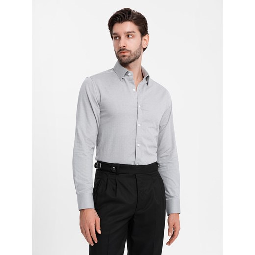 Męska koszula SLIM FIT z ozdobnej tkaniny – szara V2 OM-SHCS-0175 ze sklepu ombre w kategorii Koszule męskie - zdjęcie 177659283