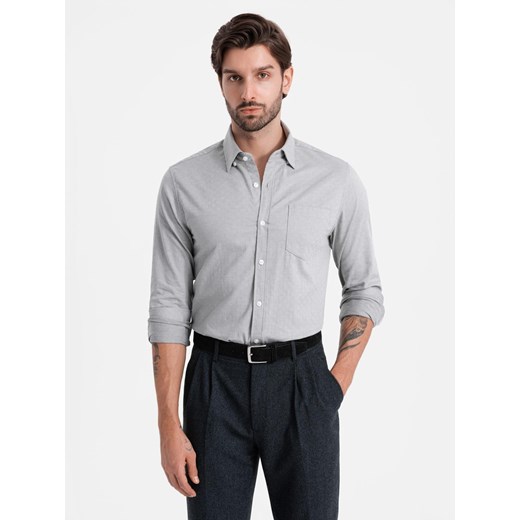 Koszula męska SLIM FIT z ozdobnej tkaniny z kieszonką – szara V2 OM-SHCS-0174 ze sklepu ombre w kategorii Koszule męskie - zdjęcie 177659311