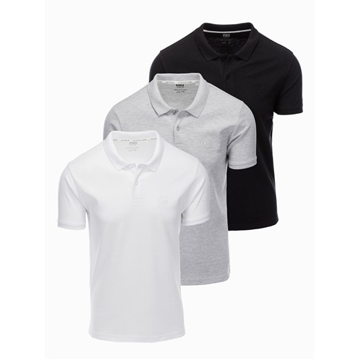 Komplet bawełnianych męskich t-shirtów polo BASIC – czarny/szary melanż/biały V2 OM-POBS-0133 ze sklepu ombre w kategorii T-shirty męskie - zdjęcie 177659323