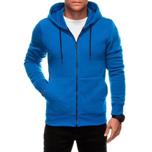Rozpinana męska bluza dresowa z kapturem BASIC – niebieska V1 EM-SSBZ-0101 ze sklepu Edoti w kategorii Bluzy męskie - zdjęcie 177673652