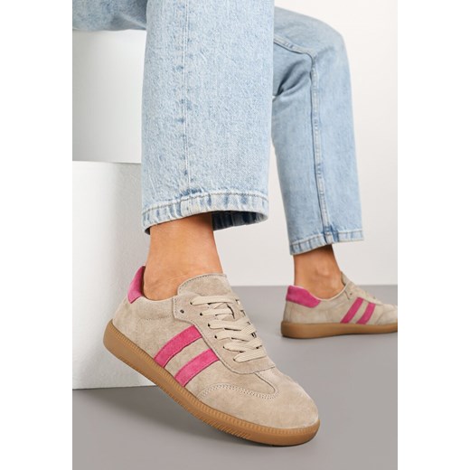 Beżowo-Różowe Płaskie Sneakersy z Wkładką ze Skóry Naturalnej Ozdobione Paskami Neladria ze sklepu renee.pl w kategorii Buty sportowe damskie - zdjęcie 177676274