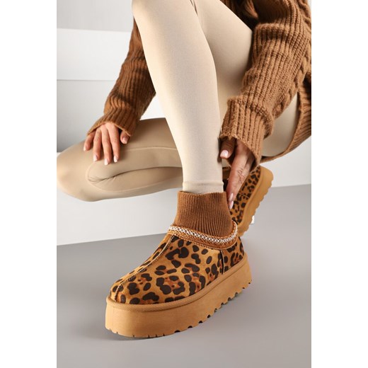 Panterkowo-Brązowe Śniegowce na Platformie ze Skarpetową Cholewką Erevelis ze sklepu renee.pl w kategorii Śniegowce damskie - zdjęcie 177677510