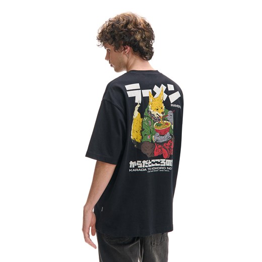 Cropp - Czarna koszulka z lisem i ramenem - czarny ze sklepu Cropp w kategorii T-shirty męskie - zdjęcie 177701012