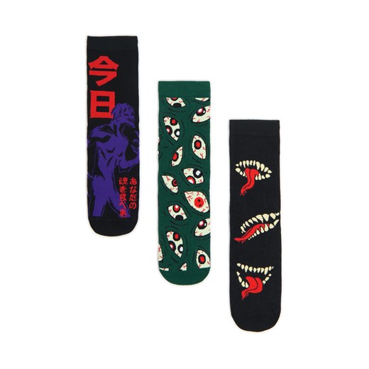 Cropp - 3 pack długich skarpet z nadrukiem - czarny ze sklepu Cropp w kategorii Skarpetki męskie - zdjęcie 177701433