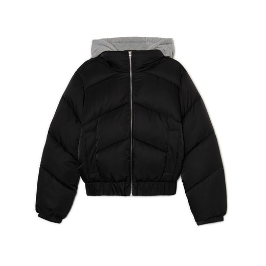 Cropp - Czarna pikowana kurtka z dresowym kapturem - czarny Cropp L Cropp