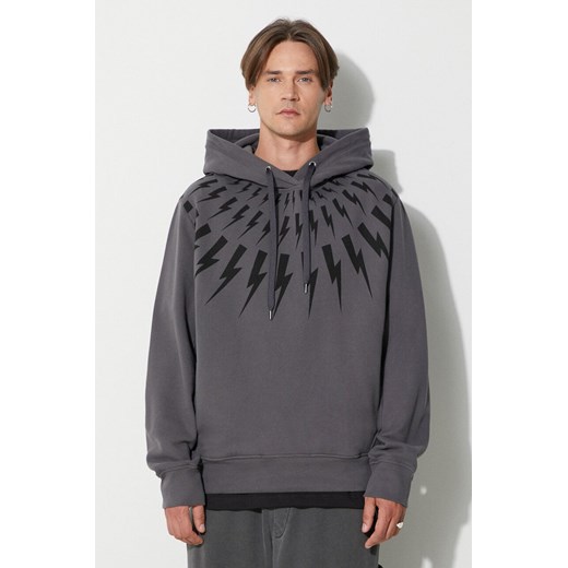 Neil Barett bluza bawełniana FAIRISLE THUNDERBOLT męska kolor szary z kapturem z nadrukiem PBJS186.V517S.3543 ze sklepu ANSWEAR.com w kategorii Bluzy męskie - zdjęcie 177729022