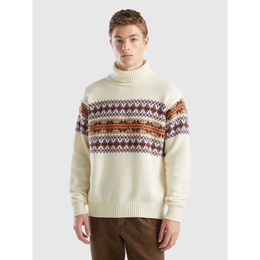 Benetton Wełniany sweter w kolorze kremowym ze wzorem XL promocyjna cena Limango Polska