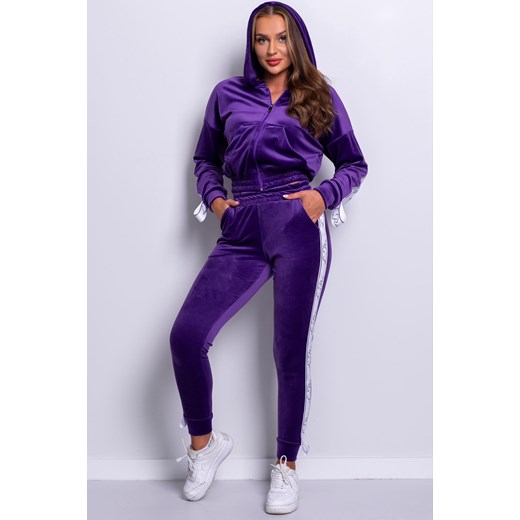 klasyczny welurowy dres premium la perla bluza+spodnie - fiolet ze sklepu STYLOWO w kategorii Dresy damskie - zdjęcie 177888582