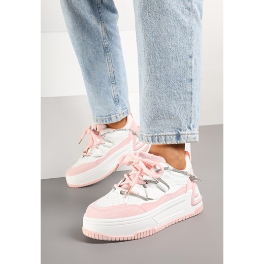 Biało-Różowe Sneakersy na Grubej Podeszwie Zdobione Cyrkoniami Neothra ze sklepu born2be.pl w kategorii Buty sportowe damskie - zdjęcie 177892454
