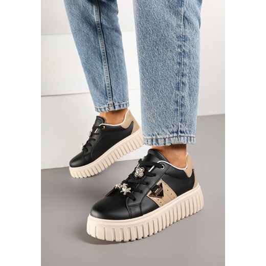 Czarne Sneakersy na Tłoczonej Platformie z Metalicznymi Ozdobami Eleanilia ze sklepu renee.pl w kategorii Buty sportowe damskie - zdjęcie 177892893