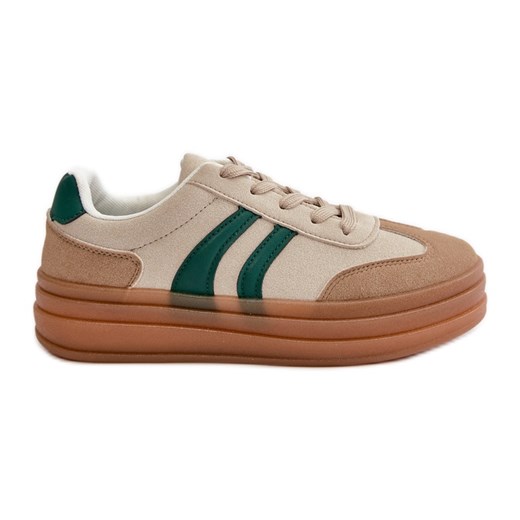 Sneakersy Damskie Na Platformie Beżowo-Zielone Nesonice beżowy 37 ButyModne.pl