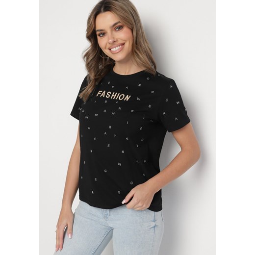 Czarny T-shirt z Bawełny z Cyrkoniami i Napisem Nalanielle ze sklepu Born2be Odzież w kategorii Bluzki damskie - zdjęcie 178028560