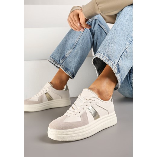 Beżowo-Złote Sneakersy na Platformie Ozdobione Paskami ze Sznurowaniem Bormi ze sklepu renee.pl w kategorii Buty sportowe damskie - zdjęcie 178033244
