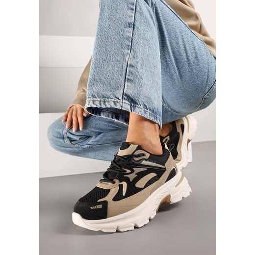 Czarno-Beżowe Sneakersy na Tłoczonej Platformie z Geometrycznymi Wstawkami Asloria ze sklepu renee.pl w kategorii Buty sportowe damskie - zdjęcie 178033292