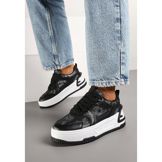 Czarne Sneakersy z Brokatowymi Zdobieniami na Platformie Deovirae ze sklepu renee.pl w kategorii Buty sportowe damskie - zdjęcie 178033310