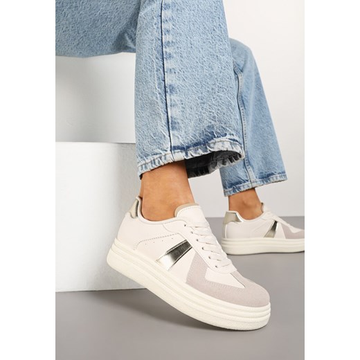Beżowo-Złote Sznurowane Sneakersy na Grubej Podeszwie z Geometrycznym Motywem Melmi ze sklepu born2be.pl w kategorii Buty sportowe damskie - zdjęcie 178033714