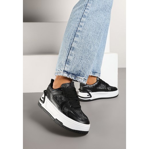 Czarne Sneakersy na Grubej Podeszwie Zdobione Brokatem Deorianis ze sklepu born2be.pl w kategorii Buty sportowe damskie - zdjęcie 178033774