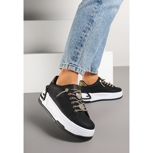Czarne Sneakersy na Grubej Podeszwie z Cyrkoniami Deoliae ze sklepu born2be.pl w kategorii Buty sportowe damskie - zdjęcie 178033792