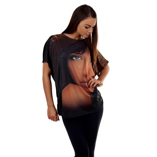 Bluzka z dużym nadrukiem z kobiecym portretem sakolife-pl brazowy nadruki