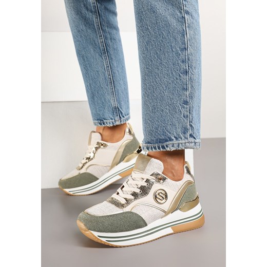 Beżowo-Zielone Sneakersy z Metalicznymi Zdobieniami na Platformie Gonnella ze sklepu renee.pl w kategorii Buty sportowe damskie - zdjęcie 178046181