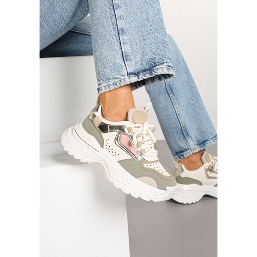 Beżowo-Zielone Sneakersy na Grubej Podeszwie z Tłoczeniami Lilasea ze sklepu born2be.pl w kategorii Buty sportowe damskie - zdjęcie 178046261