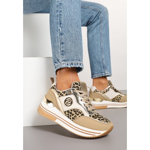 Ciemnobeżowe Sneakersy Ozdobione Wzorem w Panterkę na Grubej Podeszwie z Metalicznymi Wstawkami Gonnith ze sklepu born2be.pl w kategorii Buty sportowe damskie - zdjęcie 178046453