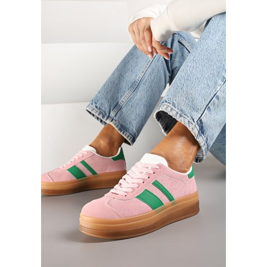 Różowo-Zielone Płaskie Sneakersy Ozdobione Paskami Norili ze sklepu born2be.pl w kategorii Buty sportowe damskie - zdjęcie 178050973