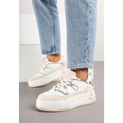 Biało-Beżowe Sneakersy na Grubej Podeszwie Zdobione Cyrkoniami Neothra ze sklepu born2be.pl w kategorii Buty sportowe damskie - zdjęcie 178051111