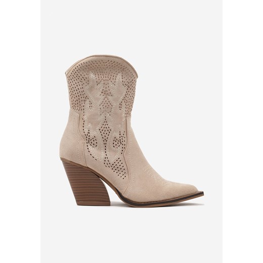 Beżowe Ażurowe Botki Kowbojki na Stożkowym Obcasie Leanorin Renee 39 renee.pl