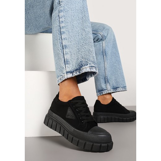 Czarne Sneakersy Vices na Platformie z Ozdobą i Napisem Leawen ze sklepu renee.pl w kategorii Buty sportowe damskie - zdjęcie 178051582