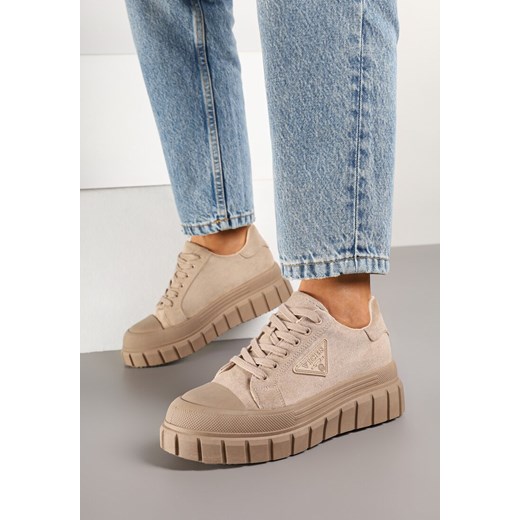 Ciemnobeżowe Sneakersy Vices na Platformie z Ozdobą i Napisem Leawen ze sklepu renee.pl w kategorii Buty sportowe damskie - zdjęcie 178068254
