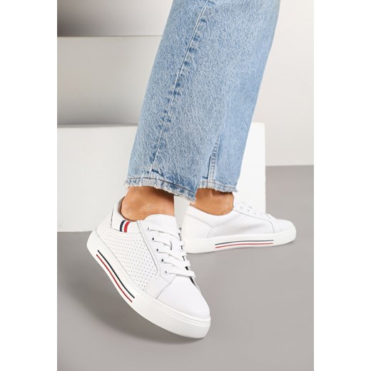 Białe Skórzane Sneakersy na Płaskiej Podeszwie ze Skórzaną Wkładką i Perforacją Galiwa ze sklepu renee.pl w kategorii Buty sportowe damskie - zdjęcie 178069511