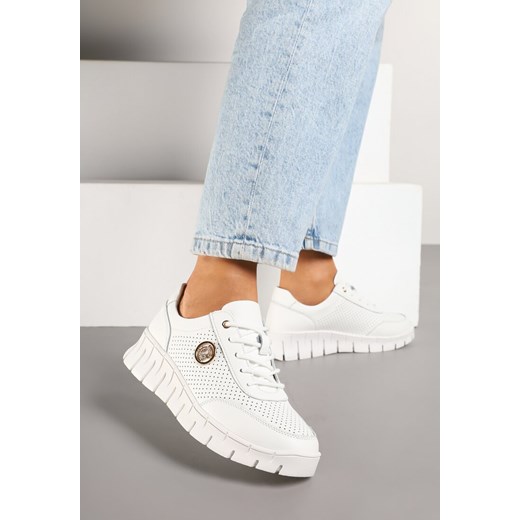 Białe Skórzane Sneakersy z Metaliczną Ozdobą i Skórzaną Wkładką Milothra ze sklepu renee.pl w kategorii Buty sportowe damskie - zdjęcie 178070831