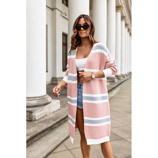 sweter kardigan silver w paski polski producent j&k premium - brudny róż ze sklepu STYLOWO w kategorii Swetry damskie - zdjęcie 178070940