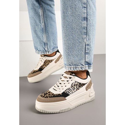 Beżowo-Brązowe Sneakersy na Tłoczonej Platformie Ozdobione Wzorem w Panterkę Deoranae ze sklepu renee.pl w kategorii Buty sportowe damskie - zdjęcie 178090440