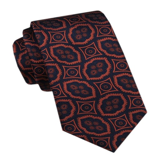 Elegancki Krawat Męski - Alties - Granat w Miedziany Wzór KRALTS1118 ze sklepu JegoSzafa.pl w kategorii Krawaty - zdjęcie 178099620