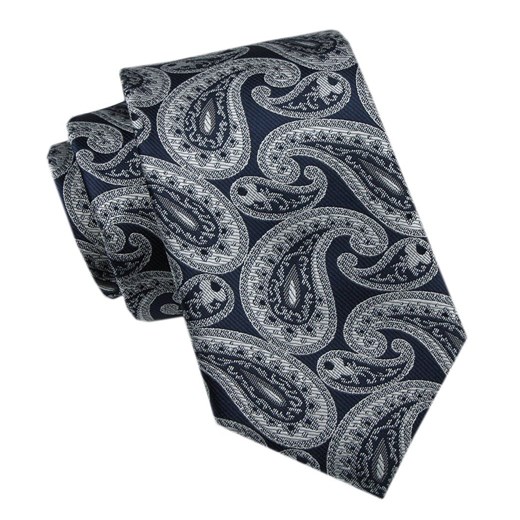 Elegancki Krawat Męski - Alties - Granatowy w Duże, Popielate Paisley KRALTS1119 ze sklepu JegoSzafa.pl w kategorii Krawaty - zdjęcie 178099630