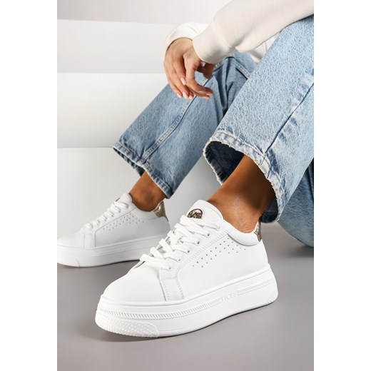 Biało-Złote Sneakersy Vices na Platformie Ozdobione Napisem i Perforacją Nonaritha ze sklepu renee.pl w kategorii Buty sportowe damskie - zdjęcie 178115324
