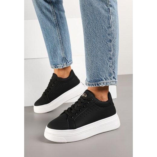 Czarne Sneakersy Vices na Grubej Podeszwie z Perforacją i Napisem Nonadwin ze sklepu born2be.pl w kategorii Buty sportowe damskie - zdjęcie 178119491