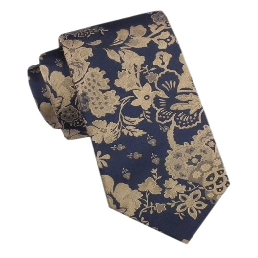 Elegancki Męski Krawat - Alties - Granatowy w Beżowe Kwiaty KRALTS1156 ze sklepu JegoSzafa.pl w kategorii Krawaty - zdjęcie 178139243