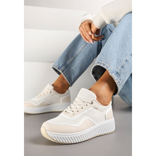 Beżowo-Białe Sneakersy na Tłoczonej Platformie Wilaria ze sklepu renee.pl w kategorii Buty sportowe damskie - zdjęcie 178146914
