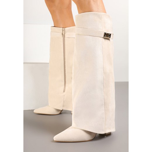 Beżowe Kozaki na Słupku z Wywiniętą Cholewką i Klamerką Upaxa ze sklepu renee.pl w kategorii Kozaki damskie - zdjęcie 178147010