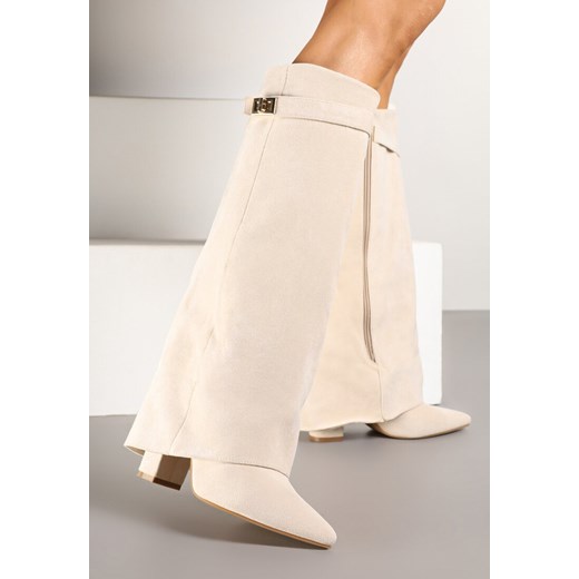 Beżowe Kozaki na Słupku z Wywiniętą Cholewką Gafsena ze sklepu born2be.pl w kategorii Kozaki damskie - zdjęcie 178148501