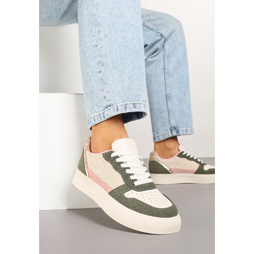 Beżowo-Zielone Sneakersy na Grubej Podeszwie z Brokatem Perforacją i Plecionką Mirreina ze sklepu born2be.pl w kategorii Buty sportowe damskie - zdjęcie 178150352