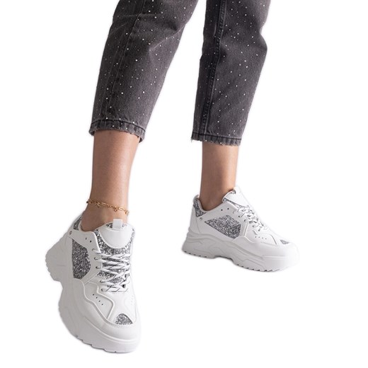 Białe sneakersy damskie z brokatowymi wstawkami ze sklepu ButyModne.pl w kategorii Buty sportowe damskie - zdjęcie 178153153