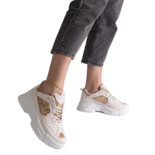 Beżowe sneakersy damskie z brokatowymi wstawkami beżowy ze sklepu ButyModne.pl w kategorii Buty sportowe damskie - zdjęcie 178153154